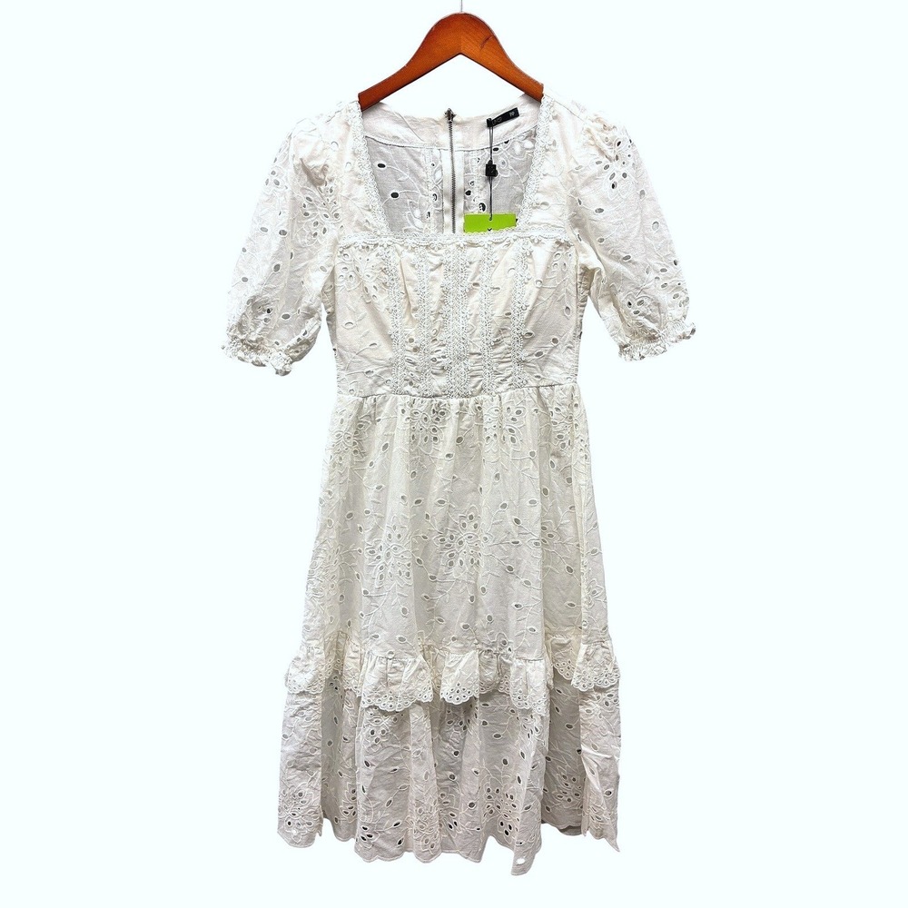 Limonada Pink Eyelet Midi Dress Womens XS White Cottagecore Puff Sleeve NWT